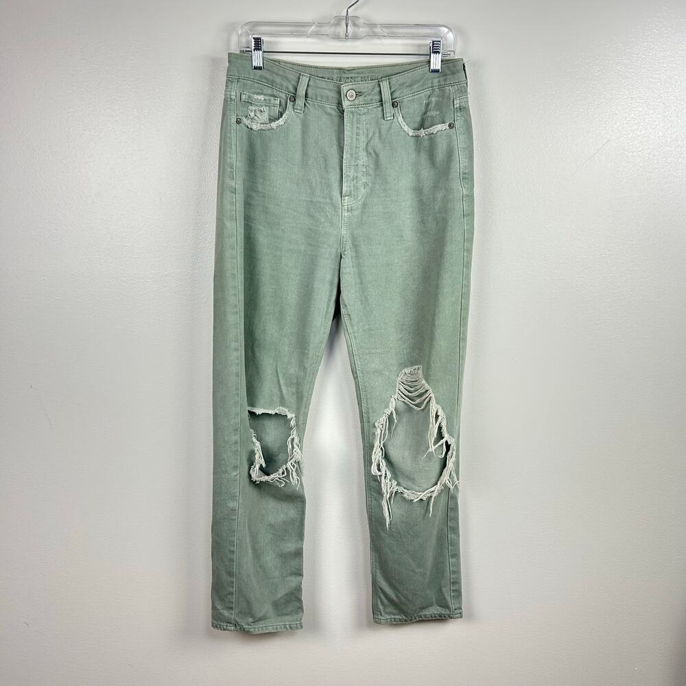 American Eagle Mom Straight Jeans Sage Green Distressed Denim Women’s Size 10